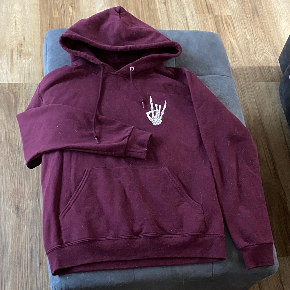 Burgundy Hoodie with Skeleton Hand Design
